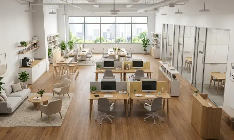 Nuansa cerah dan netral pada ruang kantor, Sumber: AI